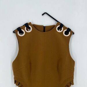 Self-Portrait Cut Out Ruffle Tie String Eyelet Sleeveless Brown Black Midi Dress